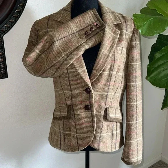 Boden Women’s 100% Wool British Tweed Tan Brown Plaid Blazer Jacket Coat Size 10 - Picture 5 of 16